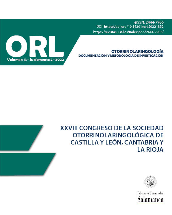                         Ver Vol. 13 Núm. S2 (2022): XXVIII Congreso de la Sociedad Otorrinolaringológica de Castilla y León, Cantabria y La Rioja Valladolid 2, 3 y 4 de junio de 2022
                    
