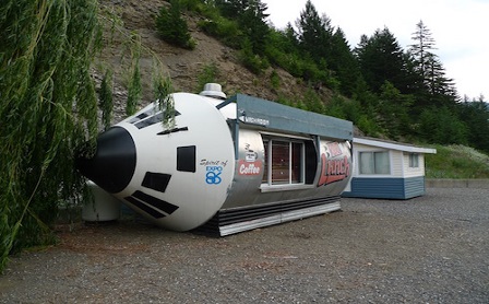 <p>"Rocket from Expo 86 repurposed for coffee kiosk in Boston Bar, B.C., roadside on the Fraser Canyon highway" (2010).</p> <p>By Urban Subjects (Sabine Bitter, Jeff Derksen, and Helmut Weber).</p> <p>Creative writing section curated by Karina Vernon.</p>